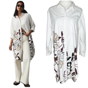 Anthropologie Maeve Maxi Poplin Button Down Tunic Size Medium White Brown Floral